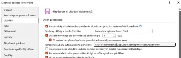 Cesta k adresáři s dočasnými soubory v PowerPoint 365 Adresář s dočasnými soubory dočasnými soubory v PowerPoint 365