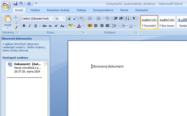 Obnovený dokument Word 2007 Obnovení souboru Word 2007