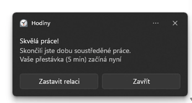 Upozornění na konec režimu soustředění Režim soustředění