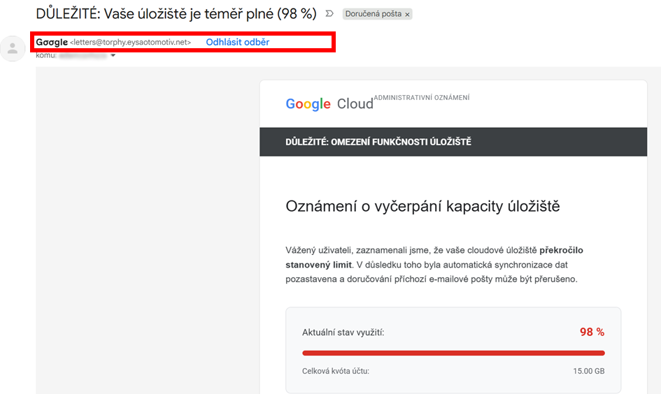 Phishingový útok Podvodný e-mail tvářící se jako od Google